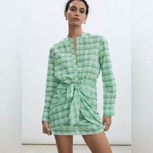 Mango Green check bow dress NWT